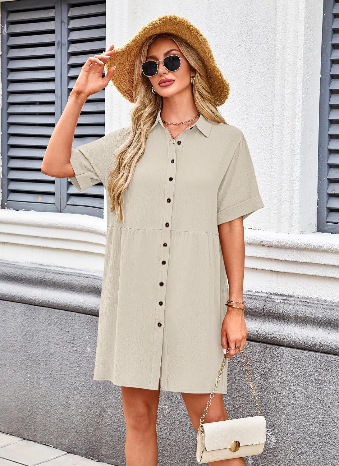 Women's Summer Babydoll Dress Casual Short Sleeve Sundress Button Down Dresses with Pockets
