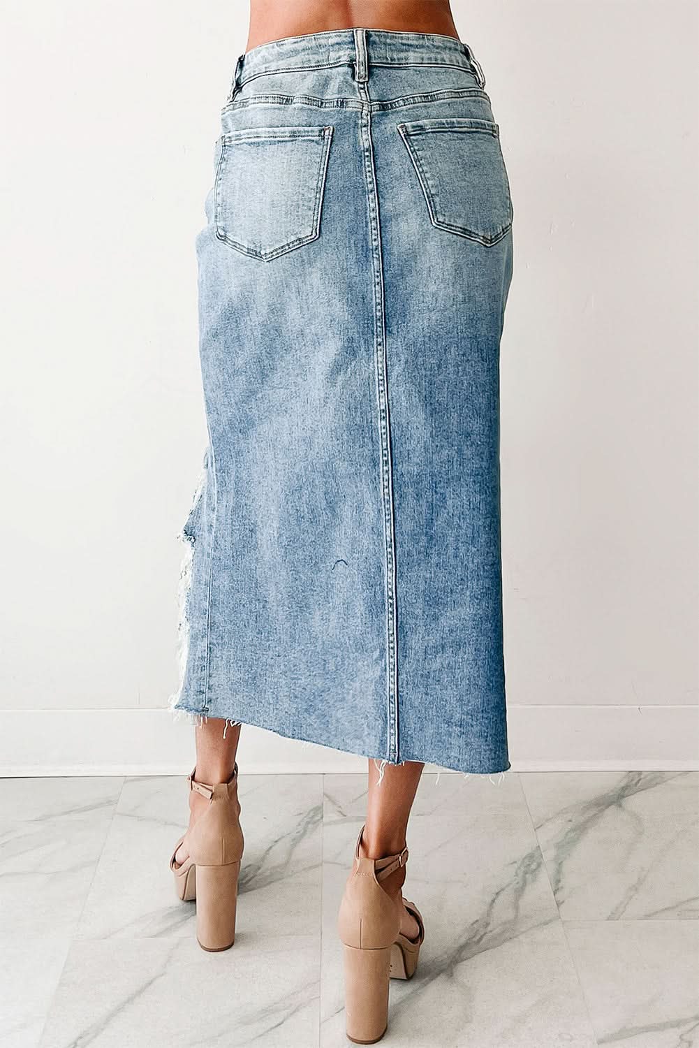Distressed Raw Hem Denim Midi Skirt