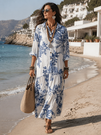 Dahlia™ - Bohemian Blue Floral Button-Down Tiered Maxi Dress