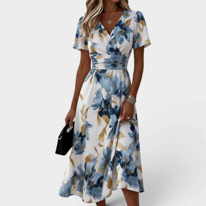 Elara™ - Floral Wrap Waist Midi Dress