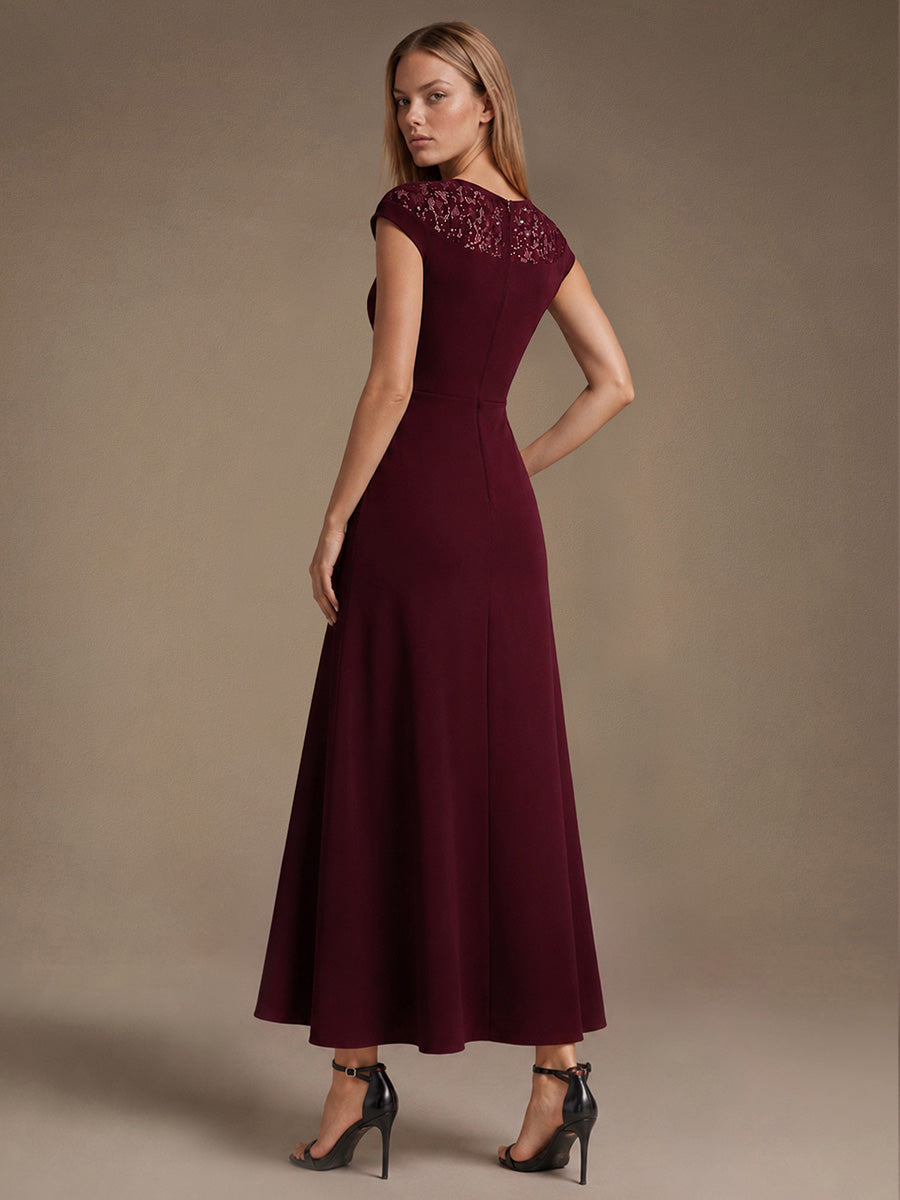 See-through Crepe Cap Sleeve Wedding Guest Dress