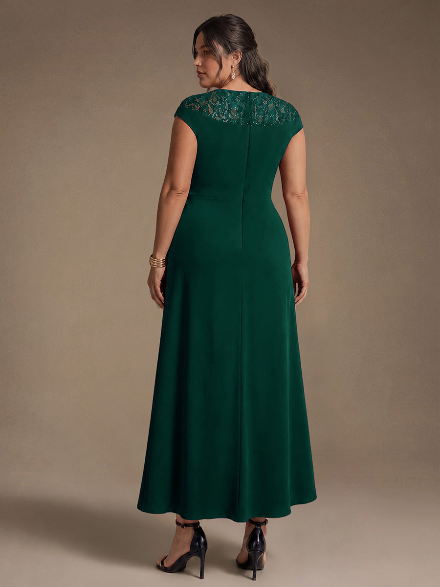 See-through Crepe Cap Sleeve Wedding Guest Dress