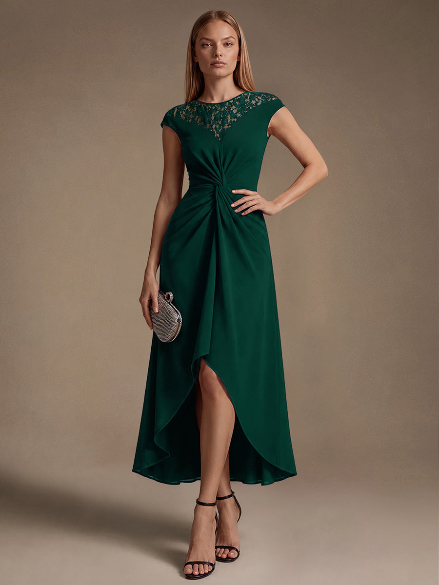 See-through Crepe Cap Sleeve Wedding Guest Dress