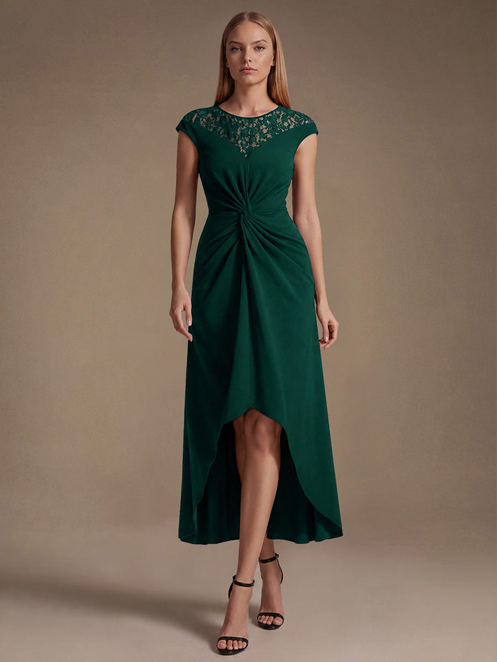 See-through Crepe Cap Sleeve Wedding Guest Dress