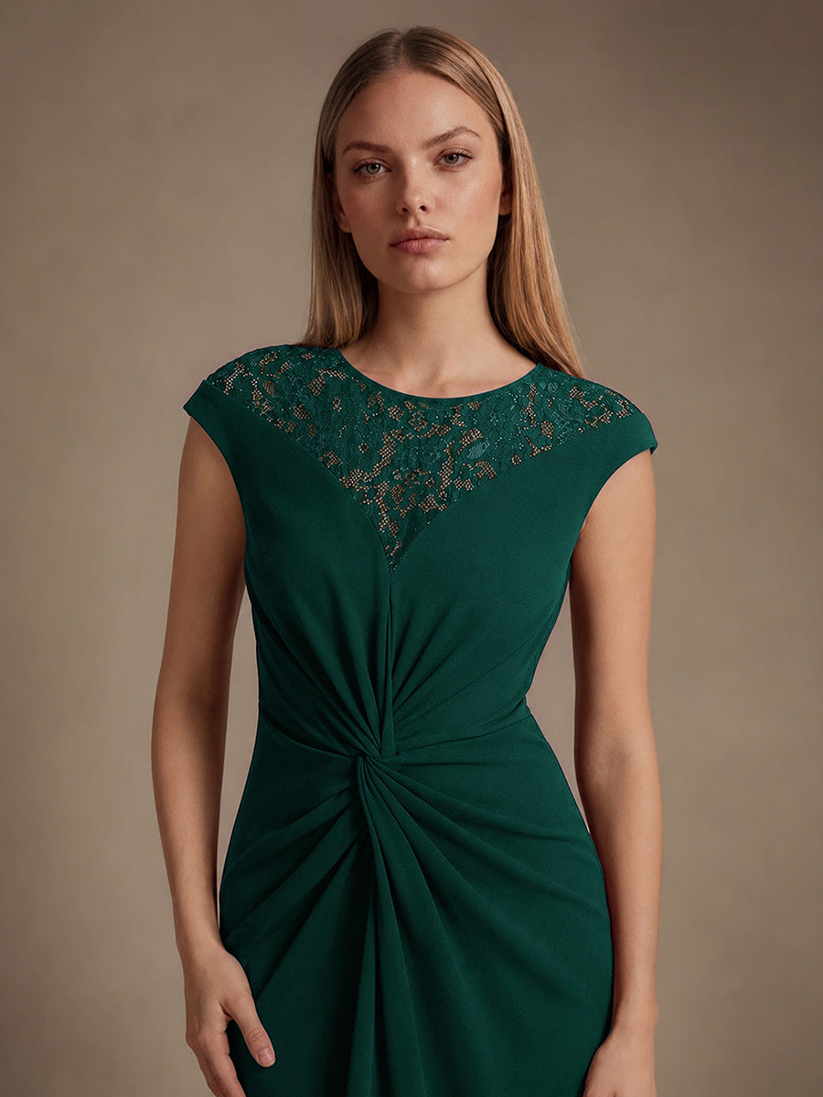 See-through Crepe Cap Sleeve Wedding Guest Dress