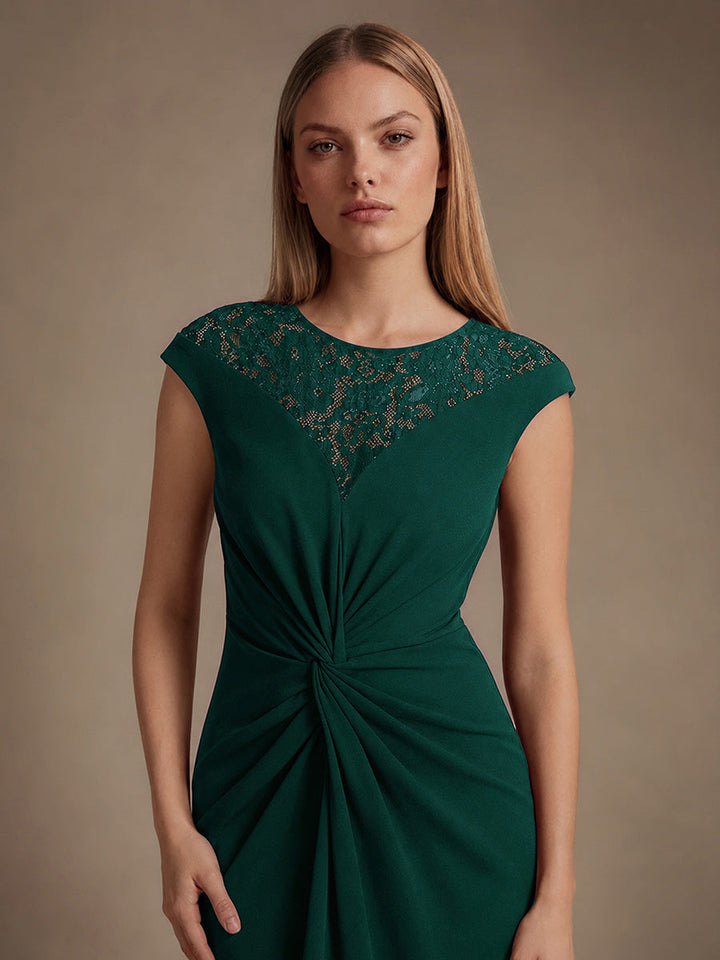 See-through Crepe Cap Sleeve Wedding Guest Dress