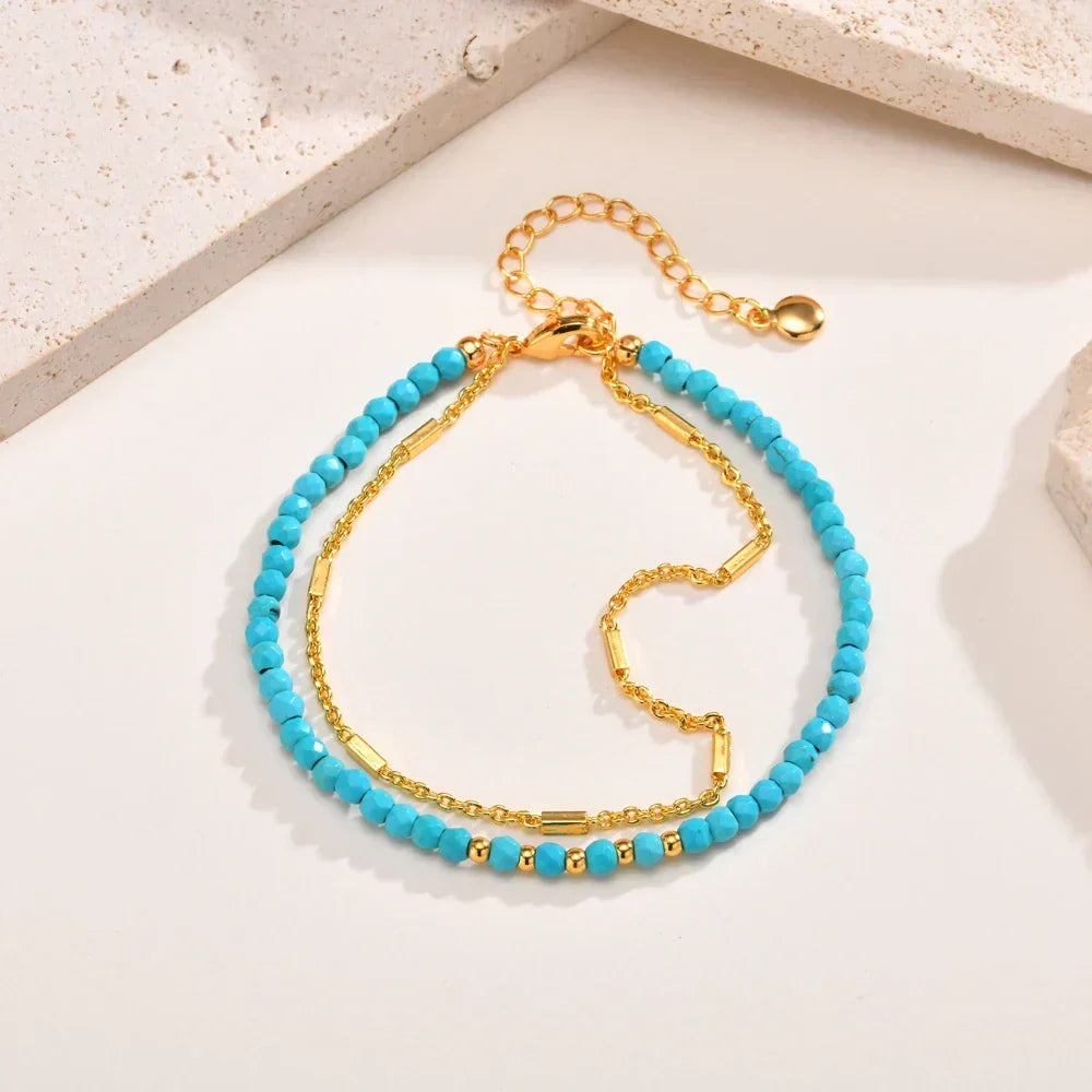Gold Double Chain Turquoise Bracelet