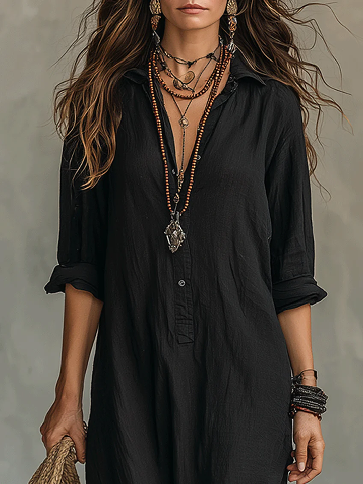 Soline™ - Loose Black Maxi Dress with Buttons