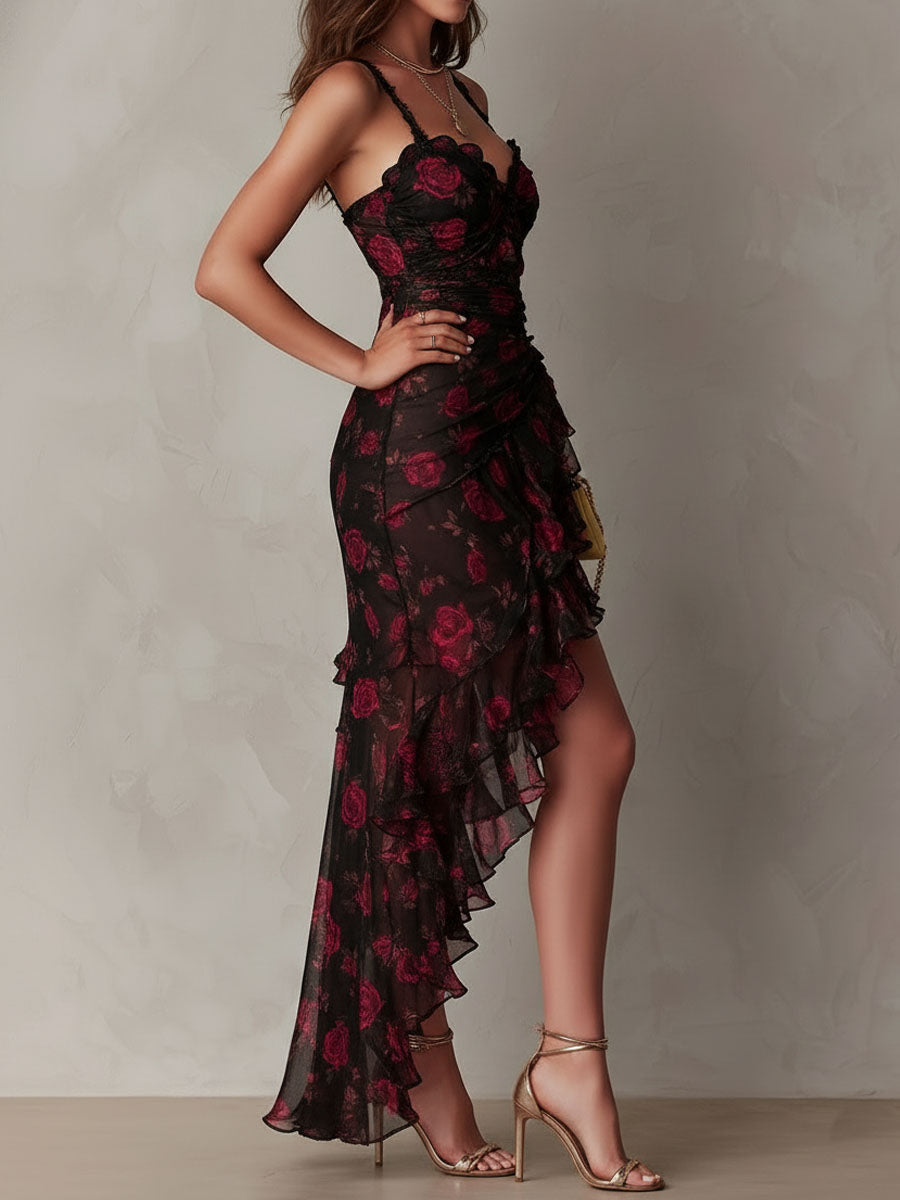 Lowe™ - Floral Ruched Ruffle Hem Dress