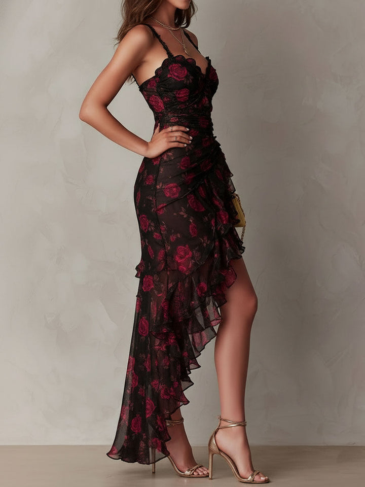 Lowe™ - Floral Ruched Ruffle Hem Dress