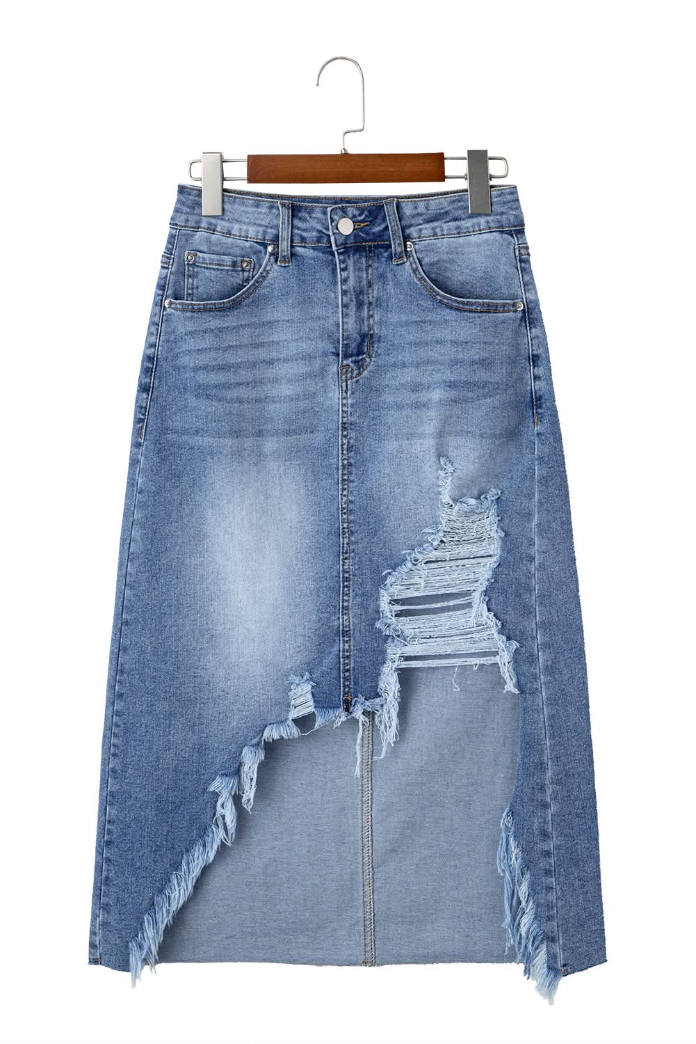 Distressed Raw Hem Denim Midi Skirt