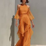 Solene - Cold Shoulder Chiffon Blouse And Wide Leg Pant Set