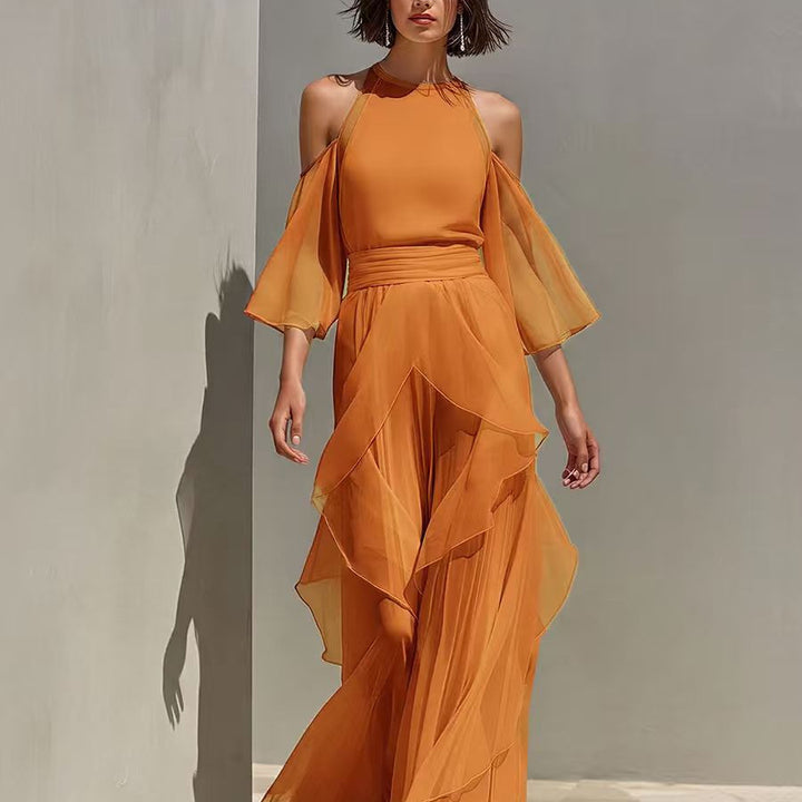 Solene cold shoulder chiffon blouse and wide leg pant set in orange