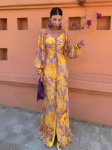 Gregoria™ - Long Floral Dress with Deep Neckline