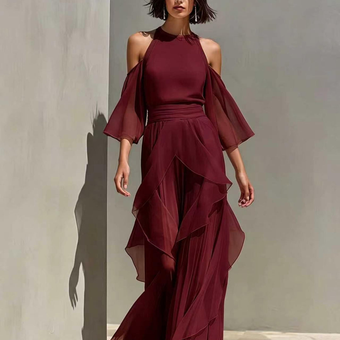 Solene cold shoulder chiffon blouse and wide leg pant set in burgundy