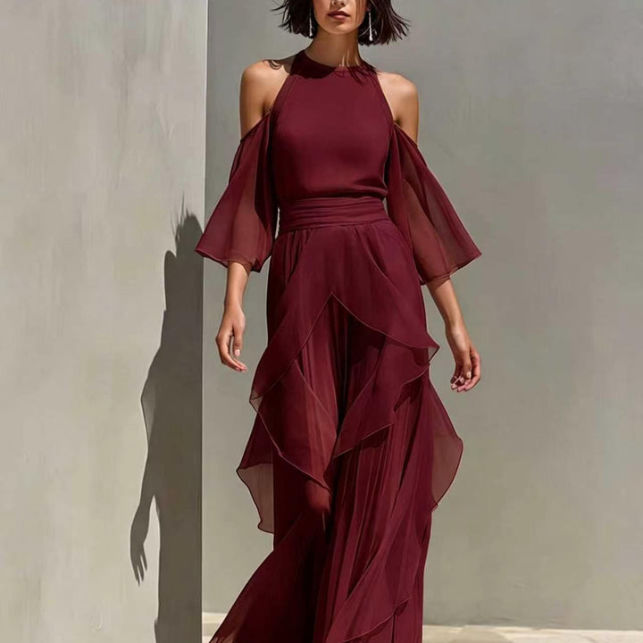 Solene cold shoulder chiffon blouse and wide leg pant set in burgundy