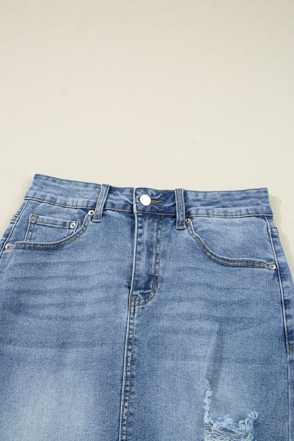 Distressed Raw Hem Denim Midi Skirt