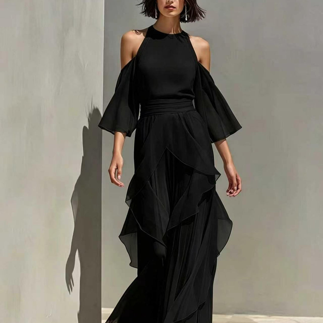 Solene chiffon two piece set in black, detail view