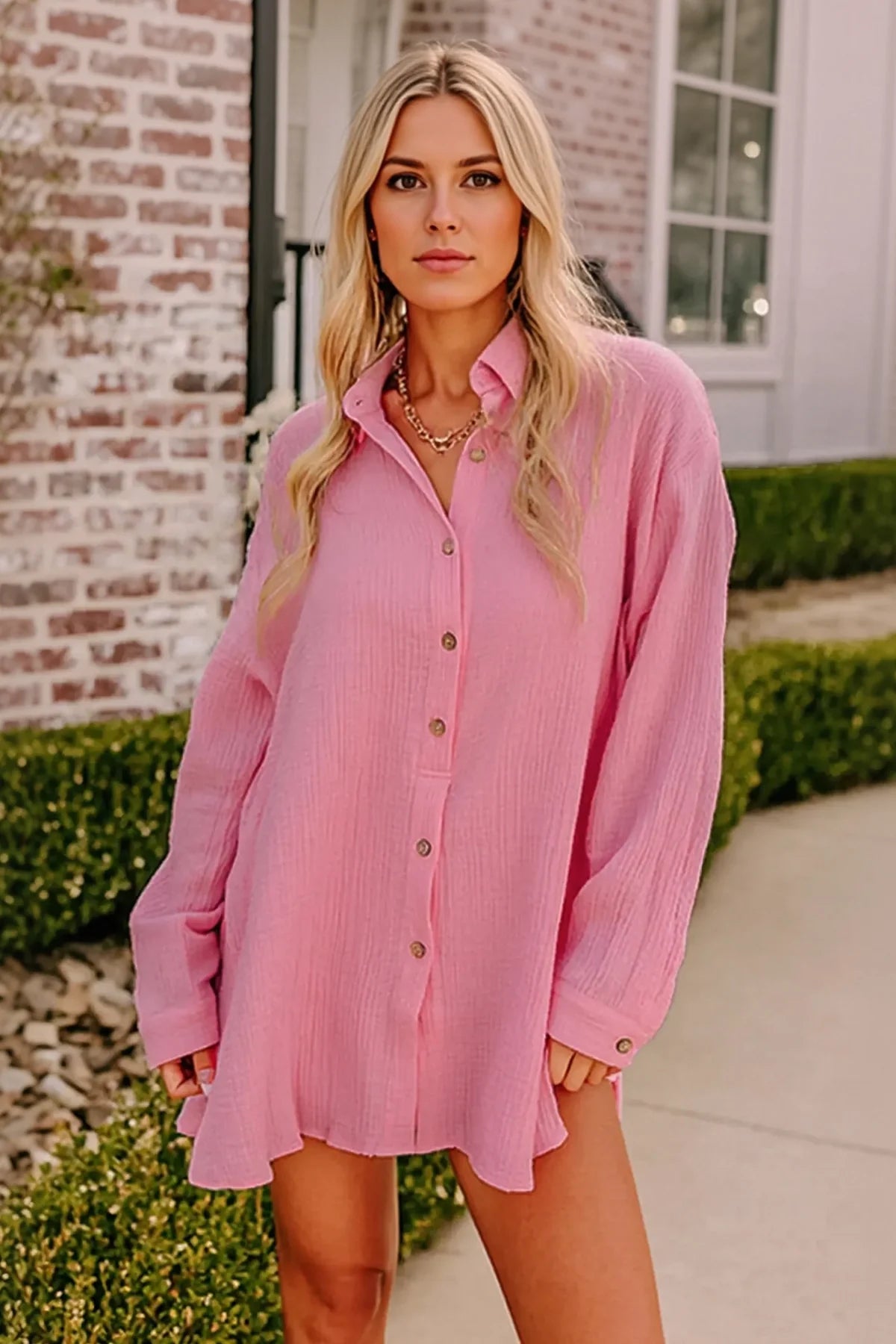 Womens Pink Casual Button Down Long Sleeve Jumpsuit