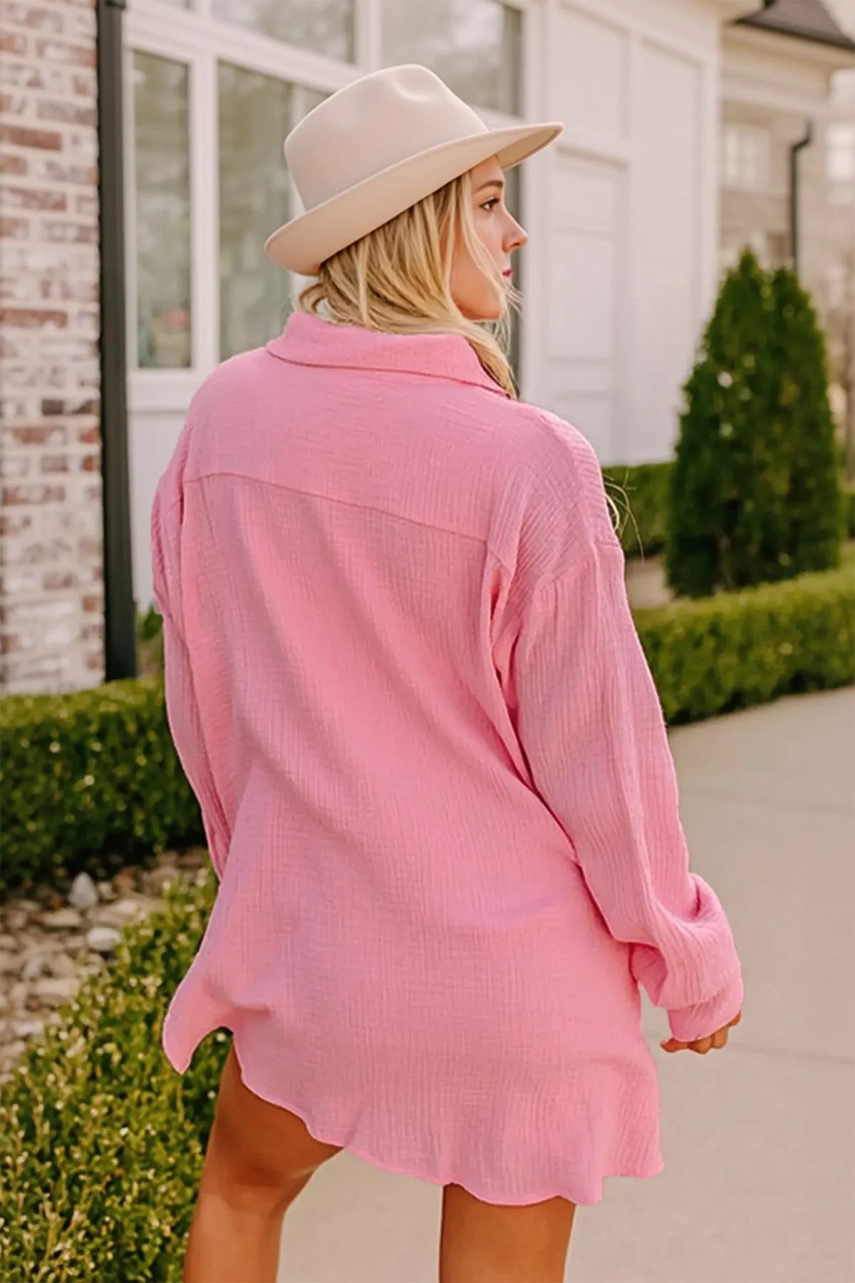 Womens Pink Casual Button Down Long Sleeve Jumpsuit