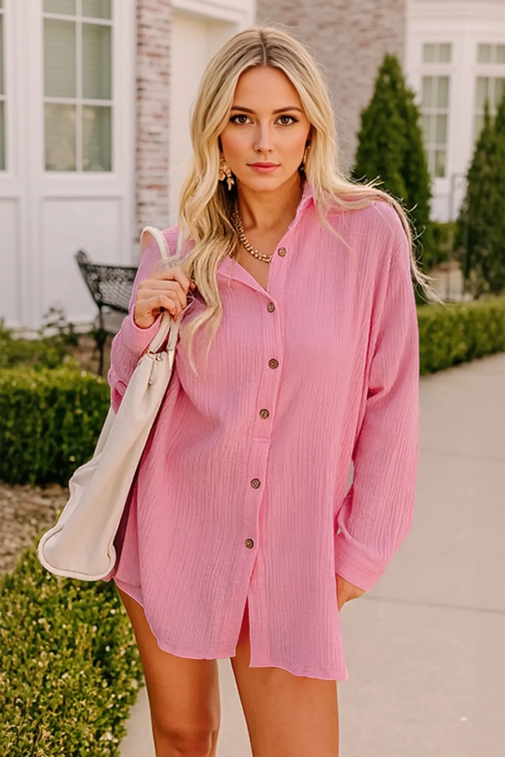 Womens Pink Casual Button Down Long Sleeve Jumpsuit
